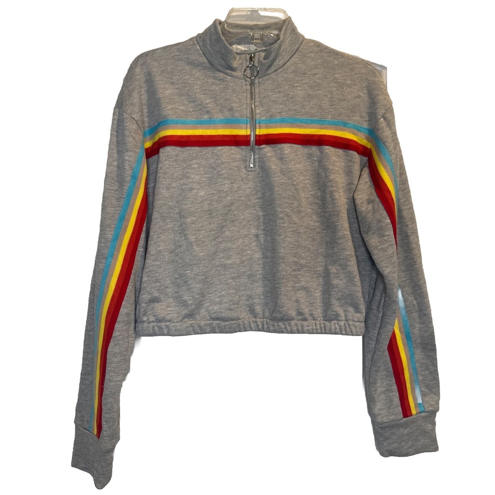 illa illa GRAY w/ Colored Stripes Long Sleeve 1/4 Zip Cropped Sweatshirt Sz L